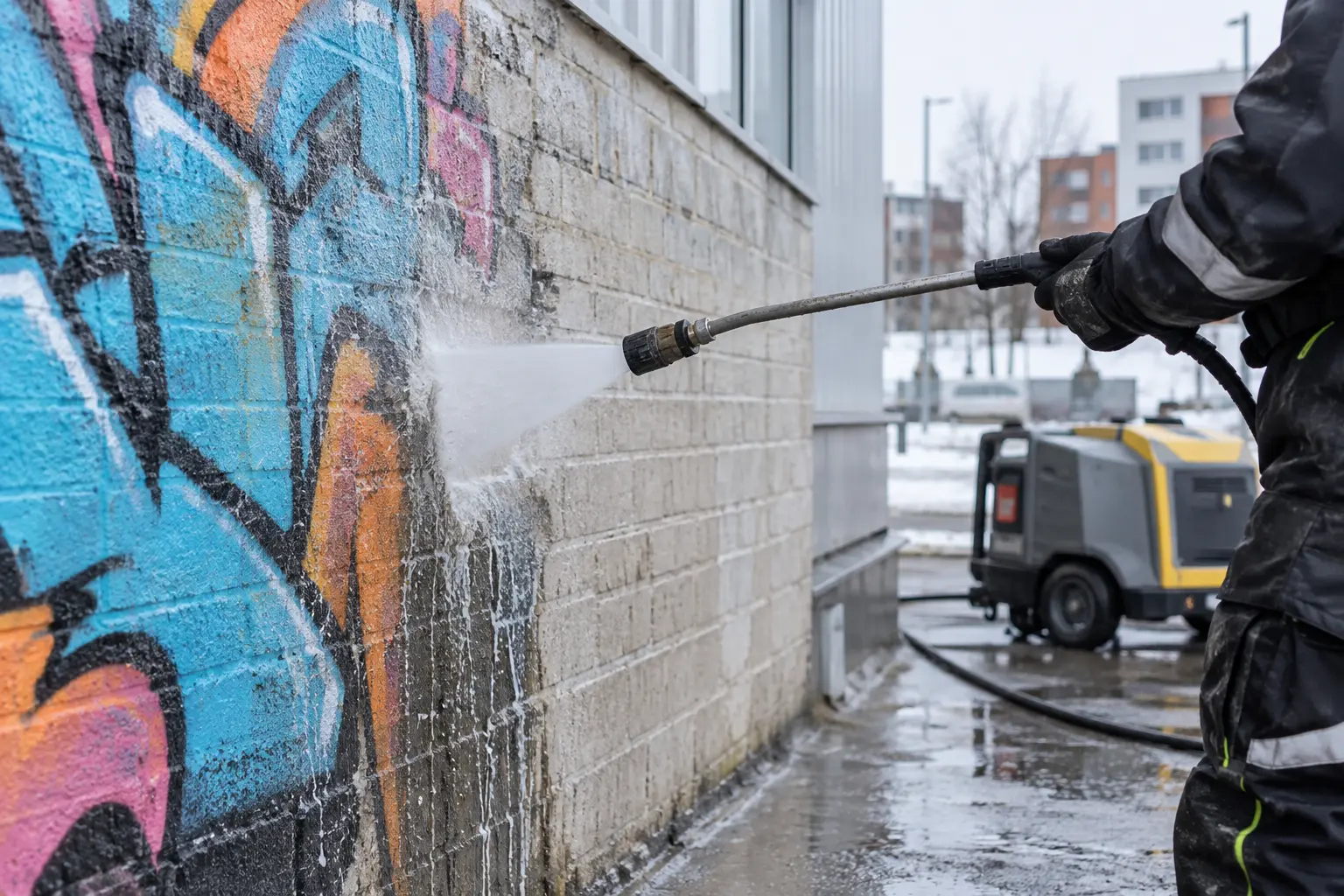 Professional graffiti removal from a brick wall