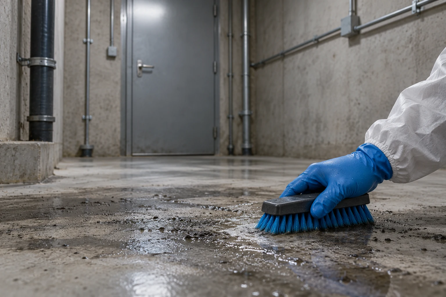 Illustrative image of careful concrete floor cleaning in a technical room